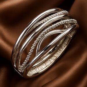Chunky Silver-Tone Oval Bangle Bracelet – Textured Rope & Polished Metal Cuff